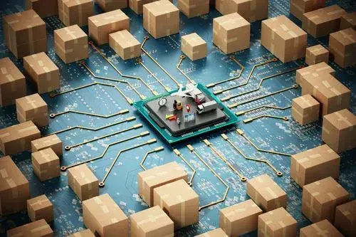 A 3d illustration of a computer processor as a factory station amid a network of circuit pathways surrounded by cardboard boxes, symbolizing the concept of data processing and electronic logistics with last mile tracking capabilities.