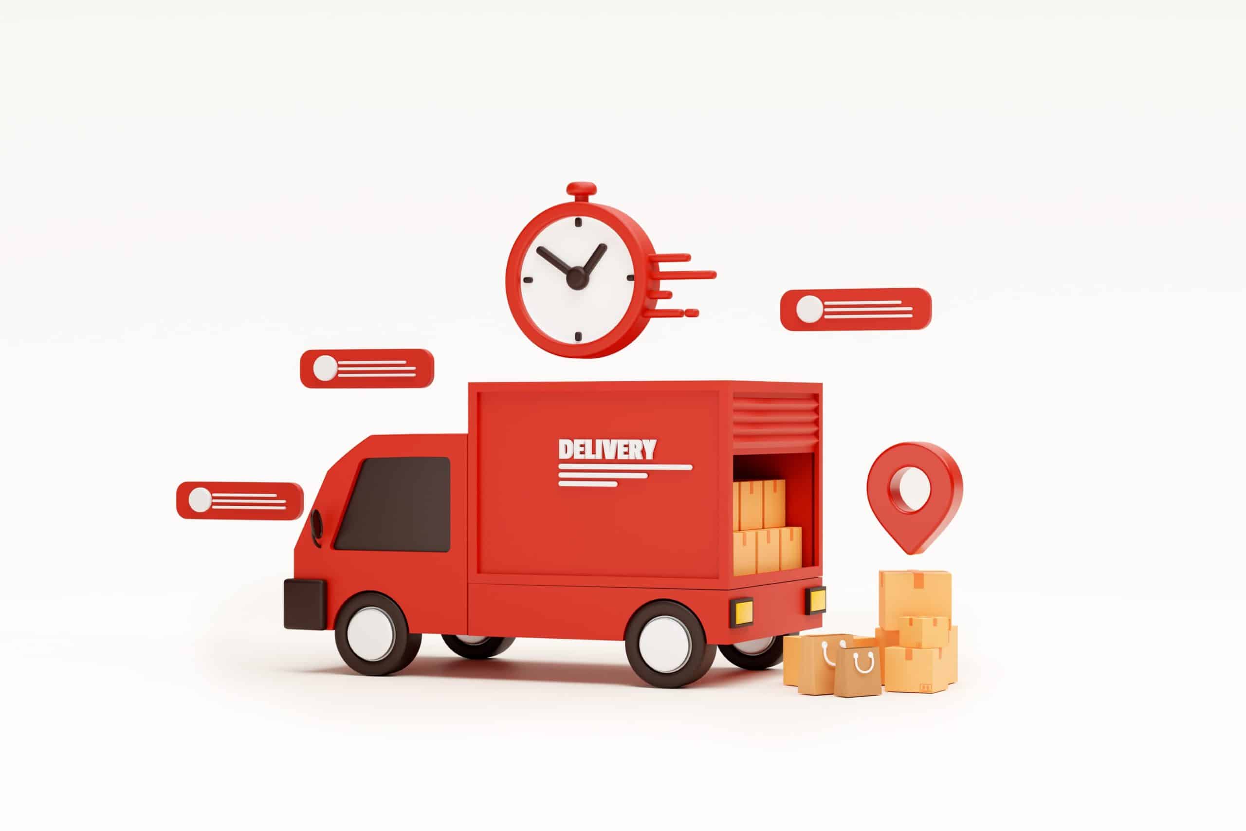 Red delivery truck with packages, a clock icon, and location pin.