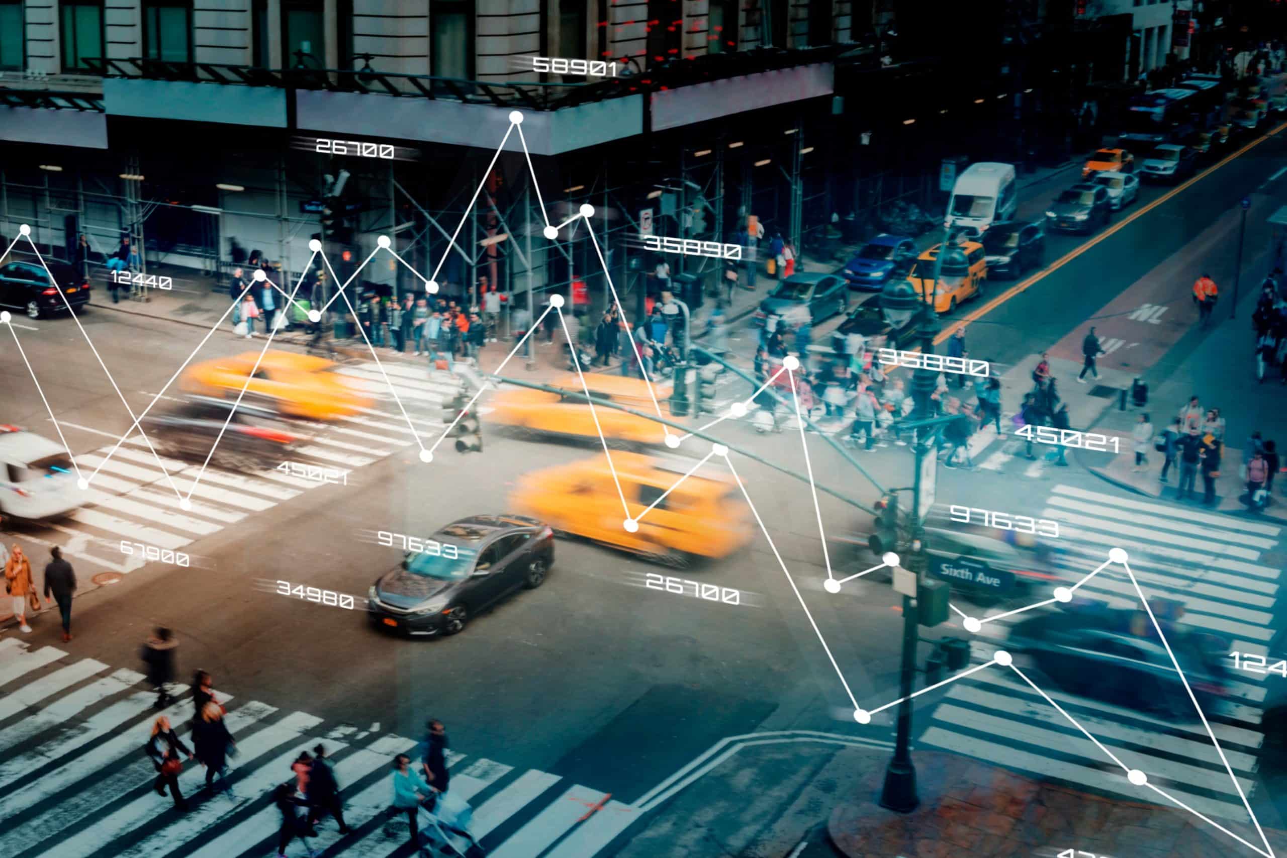 Busy city street with pedestrians and cars, overlaid with data graphs and numbers.